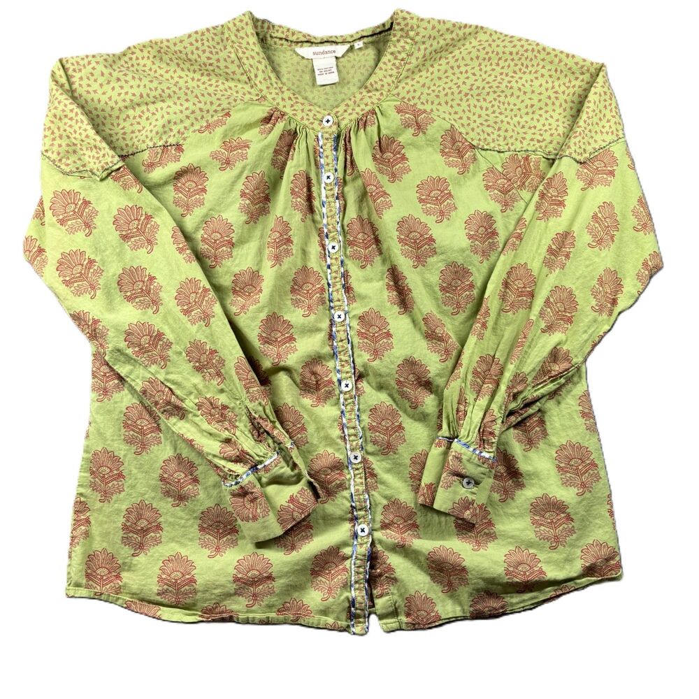 Sundance Women Rosalie Block Print Button Up Shirt Boho Lime Green Large P181